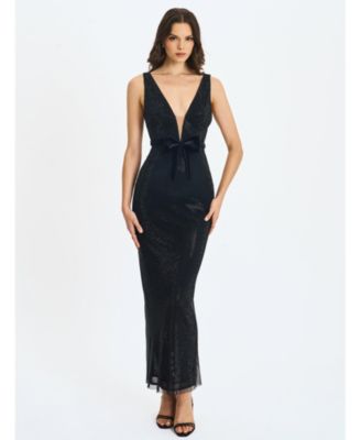 Women Olympia Black Belted Bow Plunging Rhinestone Maxi Dress