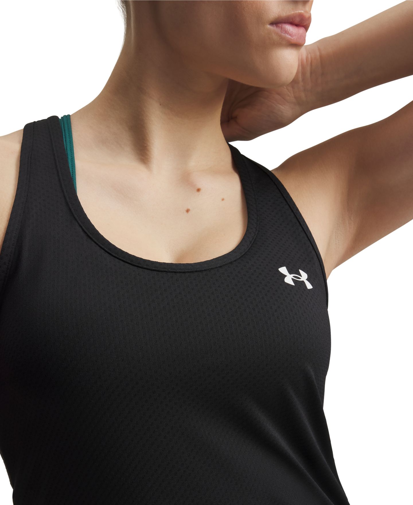 Женский топ Under Armour Pull-On Sleeveless Racer Mesh Tank Top, цвет: Чёрный — фото 2