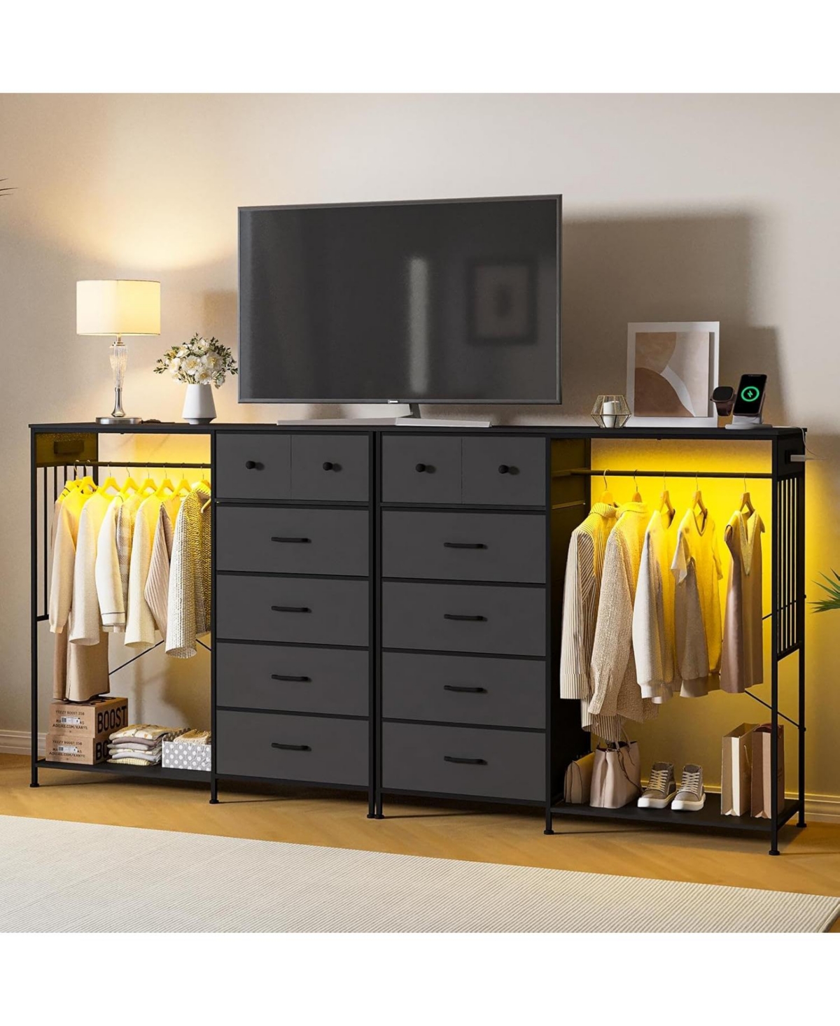 gaomon 49.2" w Dresser with Hanging Rack & Led Lights, 6-Drawer Closet Organizer with Charging Station
