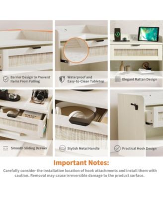 Boho Rattan Bedside Table with Type-C Charging Station, Nightstand with 1 Storage Drawer & Open Shelf