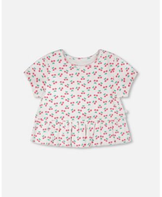 Girl Rib Crop T-Shirt with Frill Printed Cheeries