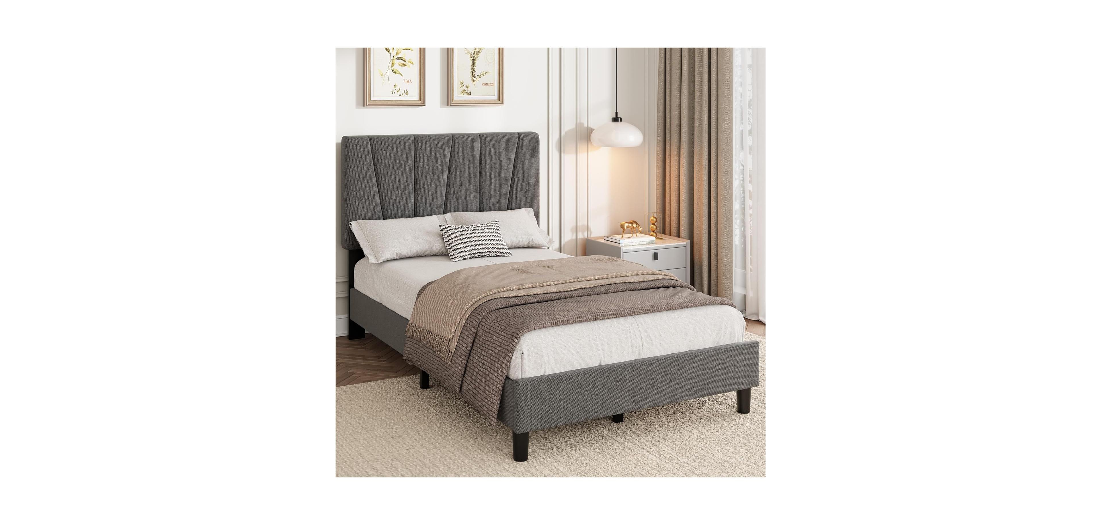 Gaomon Twin Size Bed Frame with Headboard Adjustable, Linen Upholstered Twin Platform Bed with Headboard, Mattress Foundation with Wooden Slats