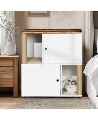 Double Cat Litter Box Enclosure Cabinet with Shelf and Scratching Post, Fits Two Litter Boxes, White and Vintage Finish