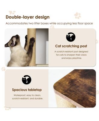 Double Cat Litter Box Enclosure Cabinet with Shelf and Scratching Post, Fits Two Litter Boxes, White and Vintage Finish