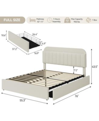 Full Bed Frame with Storage Headboard, Kids Bed Frame with 2 Drawers, Boucle Upholstered Platform Bed with Bookcase, No Box Spring Needed, Easy