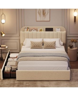 Queen Bed Frame with Storage Headboard, Girls Bed Frame with 2 Drawers, Boucle Upholstered Platform Bed with Bookcase