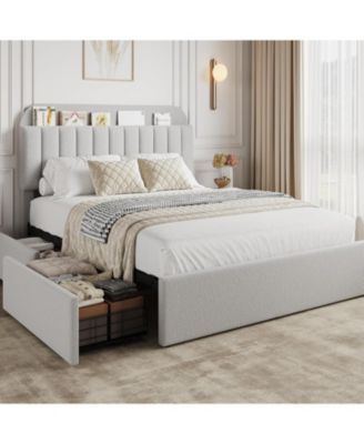 Queen Bed Frame with Storage Headboard, Girls Bed Frame with 2 Drawers, Boucle Upholstered Platform Bed with Bookcase