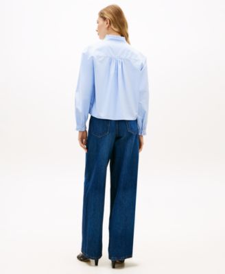 Women's Cropped Ruffled Oxford Collared Shirt