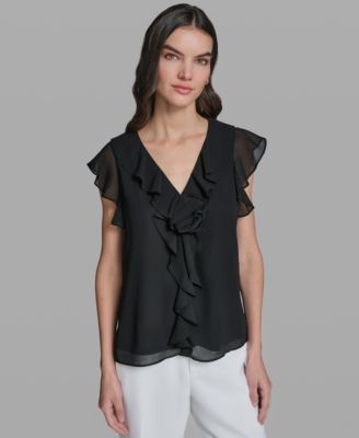 Women's Ruffle Rosette Trim V-Neck Blouse