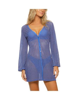 Women's Honeycomb Lattice Long Sleeve Button Down Tunic Cover-up