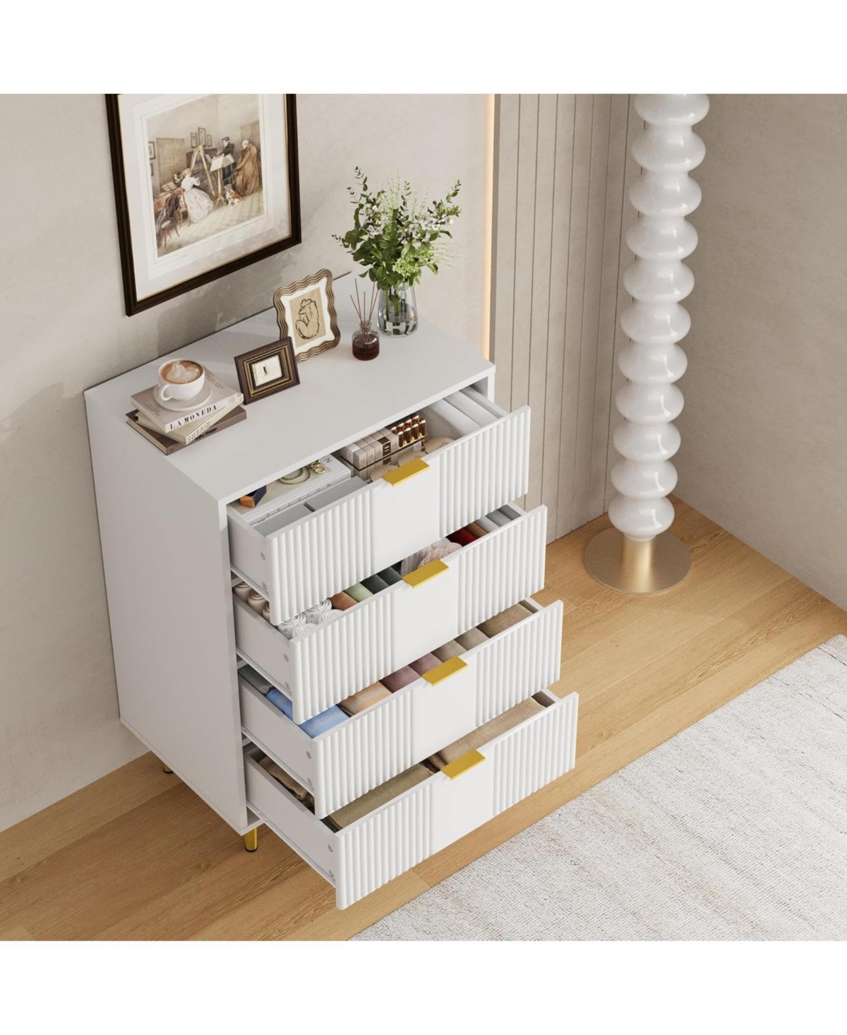 gaomon Fluted Dresser for Bedroom with 4 Drawers, 36.85" Tall Modern Chest of Drawers with Metal Handle, Wooden Closet Clothes Storage Organizer