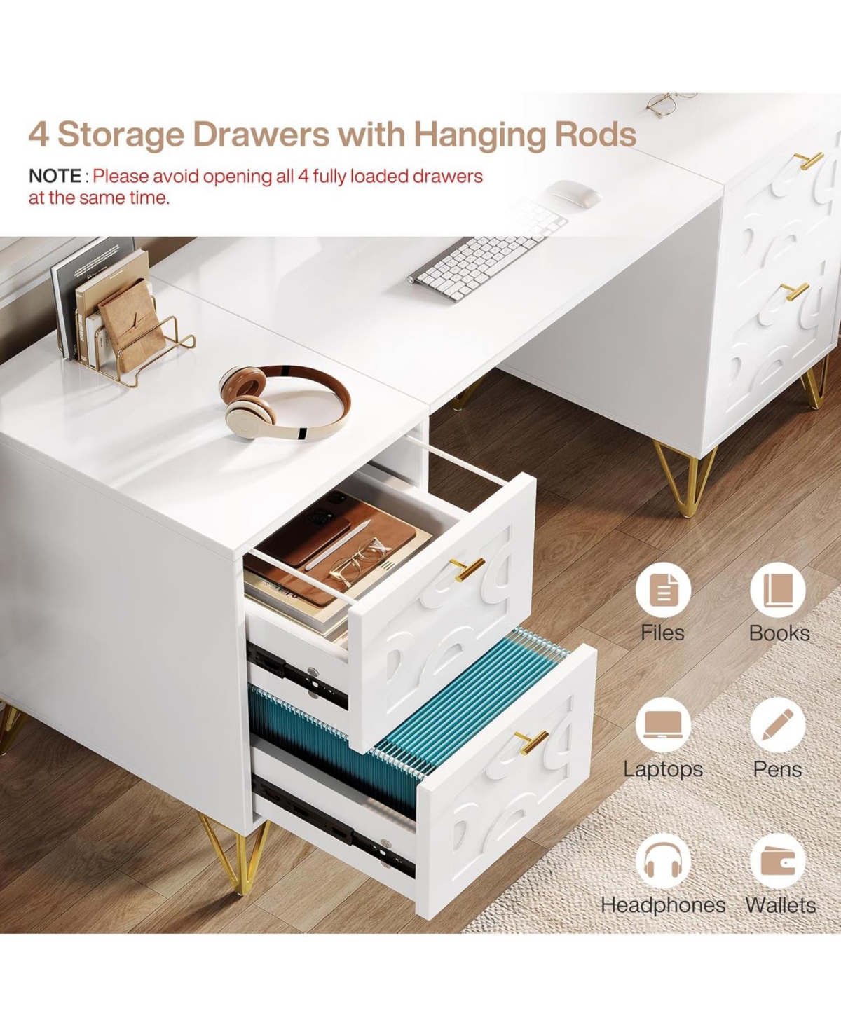 Tribesigns Computer Desk 59", Home Office with 4 File Drawers, Writing Table Elegant