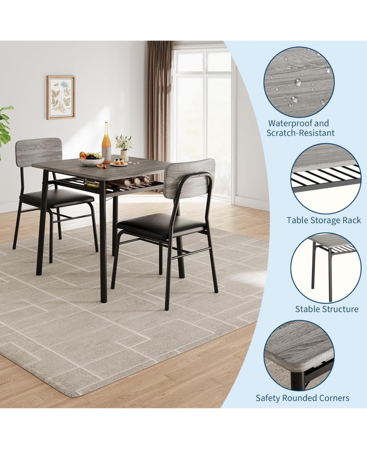 gaomon 3-Piece Dining Table Set for 2 with Storage Rack, Wood Kitchen Upholstered Chairs of