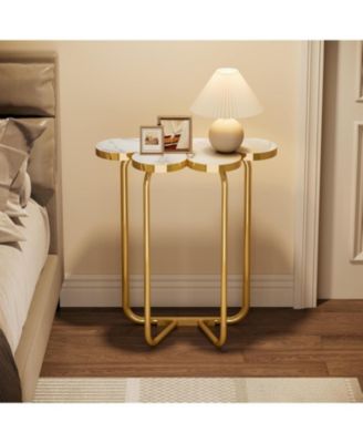 Narrow Side Table, Half-Flower Accent Side Table with Stylish Gold Frame, White and Gold End Tables, 26-Inch Tall Faux Marble Nightstand
