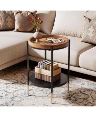 Round Side Table Set of 2, 2-Tier End Table with Solid Wood and Metal, Industrial Nightstand