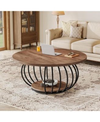 Round Coffee Table for Living Room, 39.4" Industrial Wooden 2-Tier Circle Accent Center Cocktail Table with Storage Shelf and Metal Frame