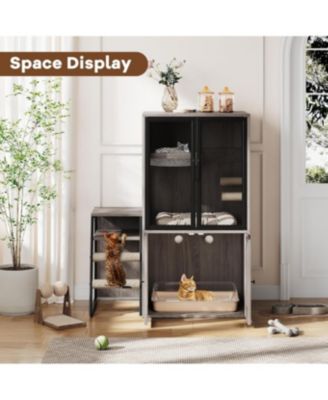 2-in-1 Cat Litter Box Enclosure Furniture with Doors, Double Layer Cat House and Storage Cabinet, Grey
