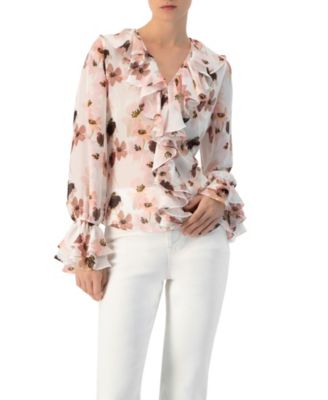 Women's Floral V-Neck Blouse with Ruffle Detail