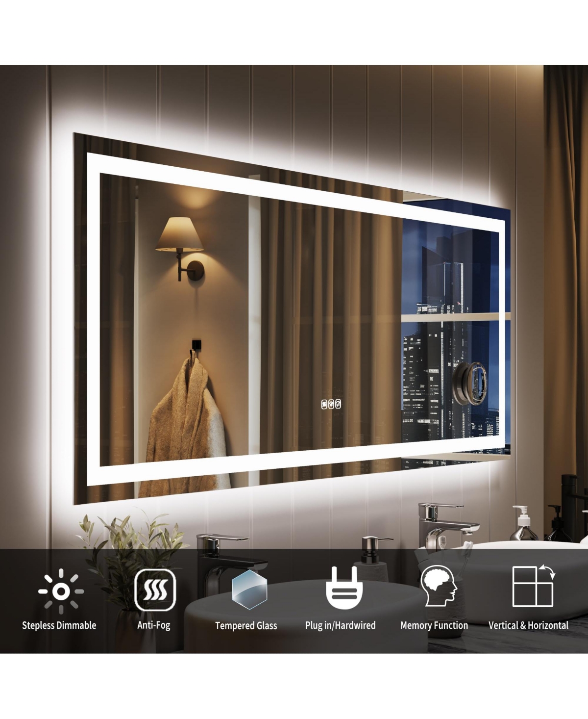 Homfan Led Bathroom Mirror 60 24, Dimmable Front & Back Lights, Anti-Fog, Shatter-Proof, Memory, 3X Magnifier Bathroom Vanity Mirror for Wall