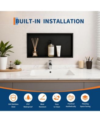 Modern Matte Black Stainless Steel Shower Niche - 24" x 12" Recessed Wall Shelf - Installs Without Tile