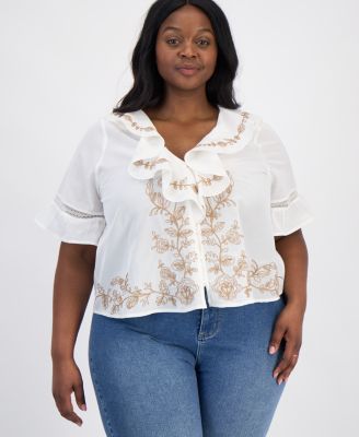 Plus Embroidered Elbow-Sleeve Flyaway Blouse