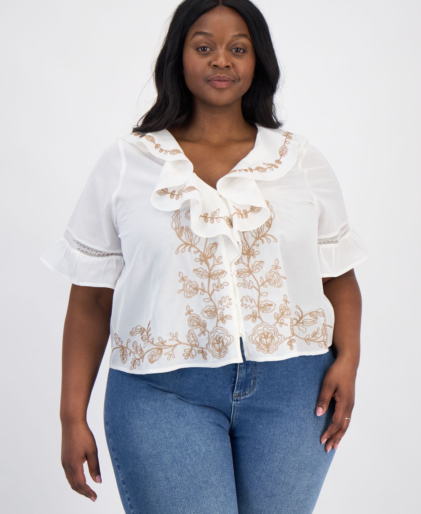 Женская блузка And Now This Plus Embroidered Elbow-Sleeve Flyaway Blouse, цвет: Слоновая кость — фото 1