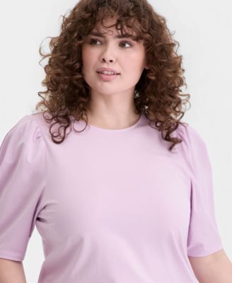 Trendy Plus Printed Ruched Puff-Sleeve Crewneck Top
