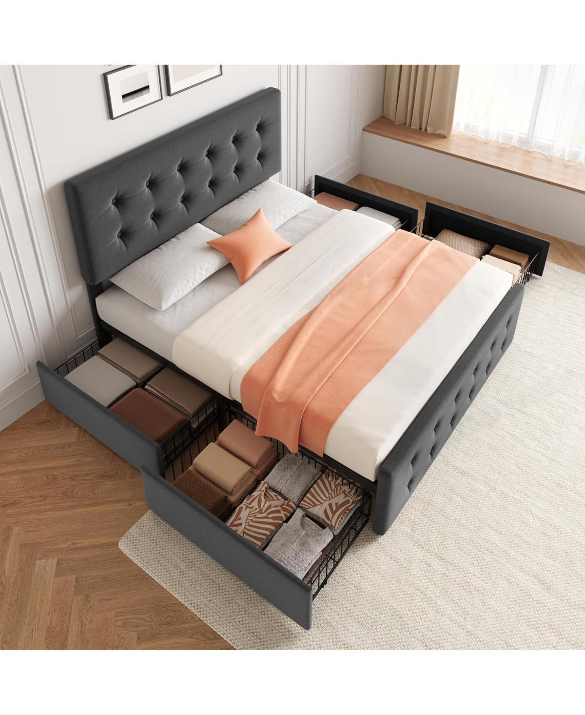 gaomon Full Bed Frame with 4 Storage Drawers and Headboard, Button Tufted Design, No