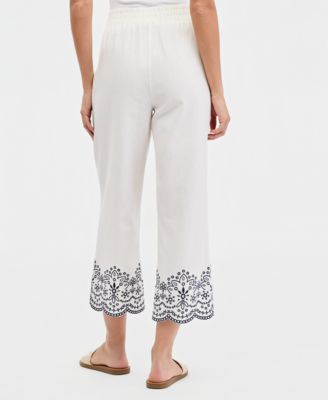 Women's Embroidered Cropped Linen-Blend Pull-On Pants