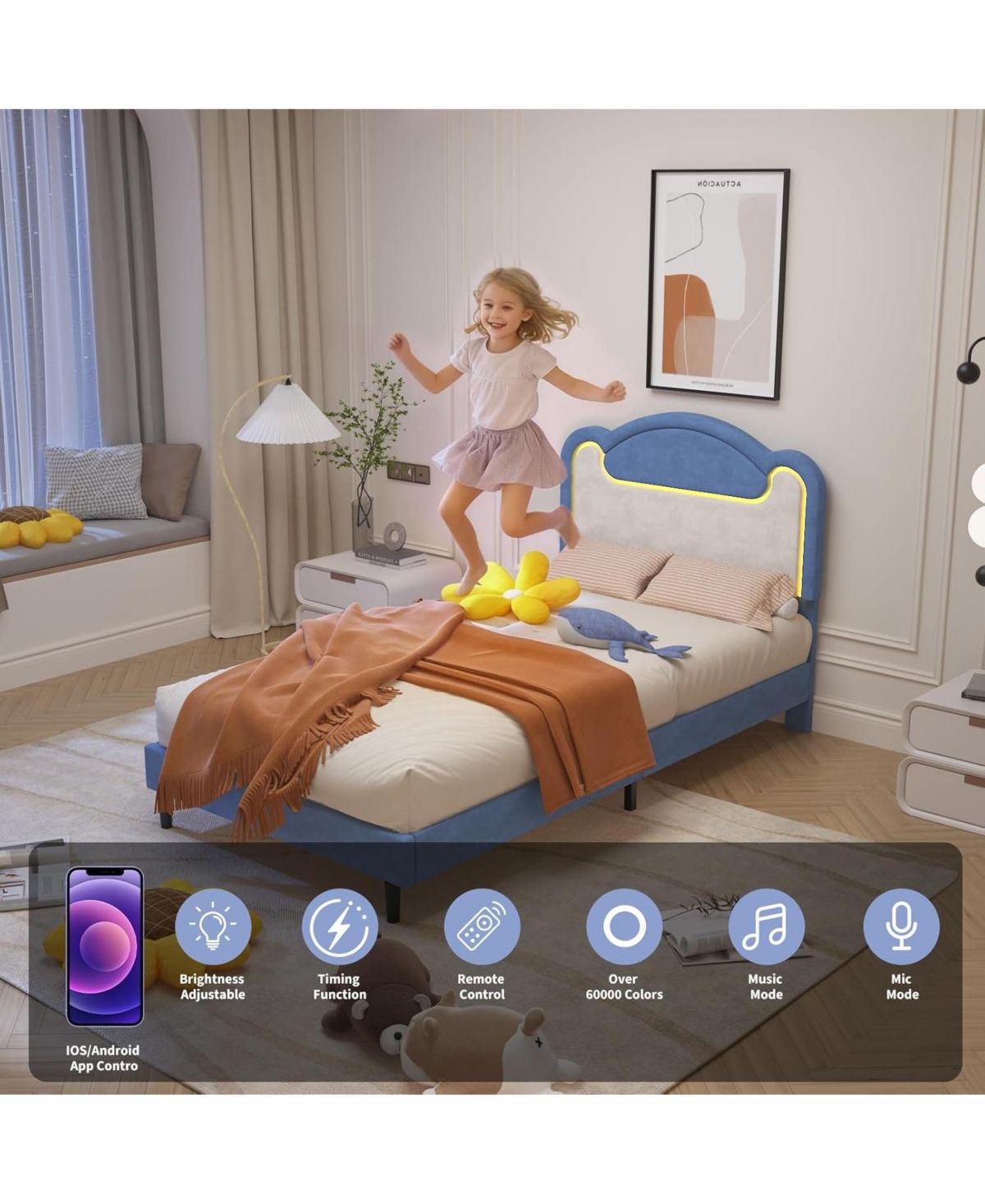 Gaomon Senfot Twin Bed Frame with Led Lights, Upholstered Fabric Headboard, Sturdy Wood Slat Support, No Box Spring Needed