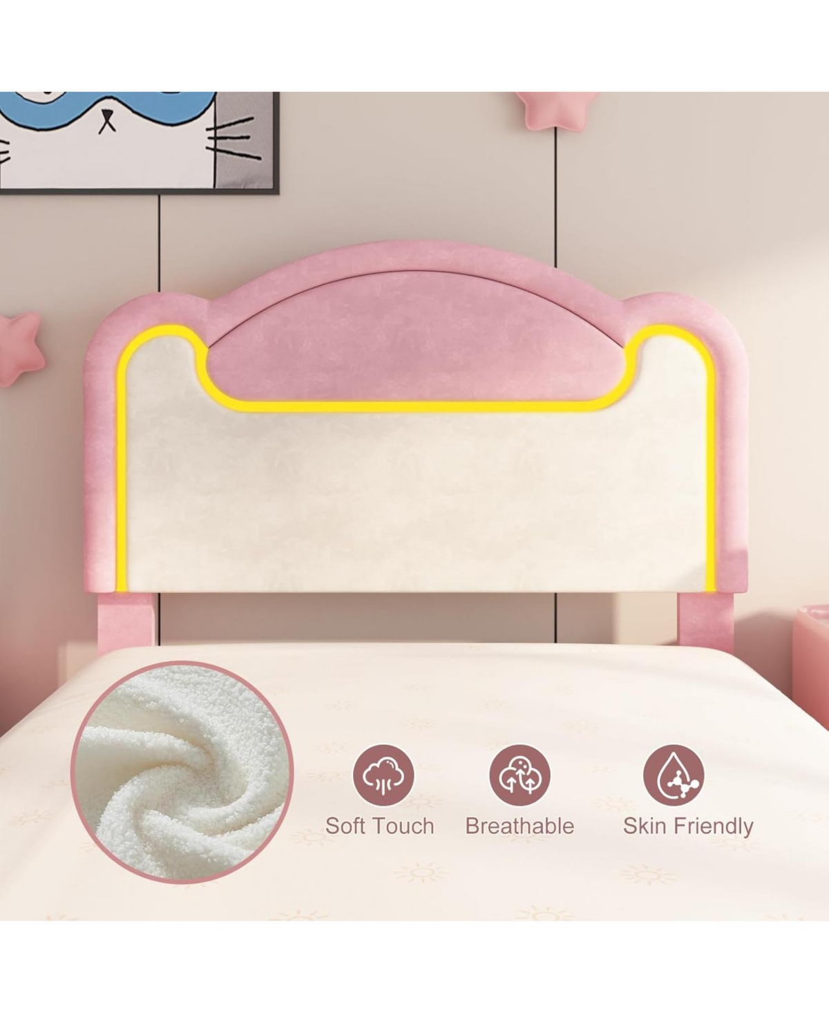 Gaomon Senfot Twin Bed Frame with Led Lights, Upholstered Fabric Headboard, Sturdy Wood Slat Support, No Box Spring Needed
