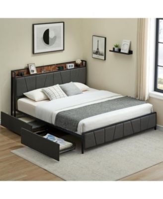 King Bed Frame with 2 Storage Drawers, Charging Station & Heavy Duty Storage Headboard