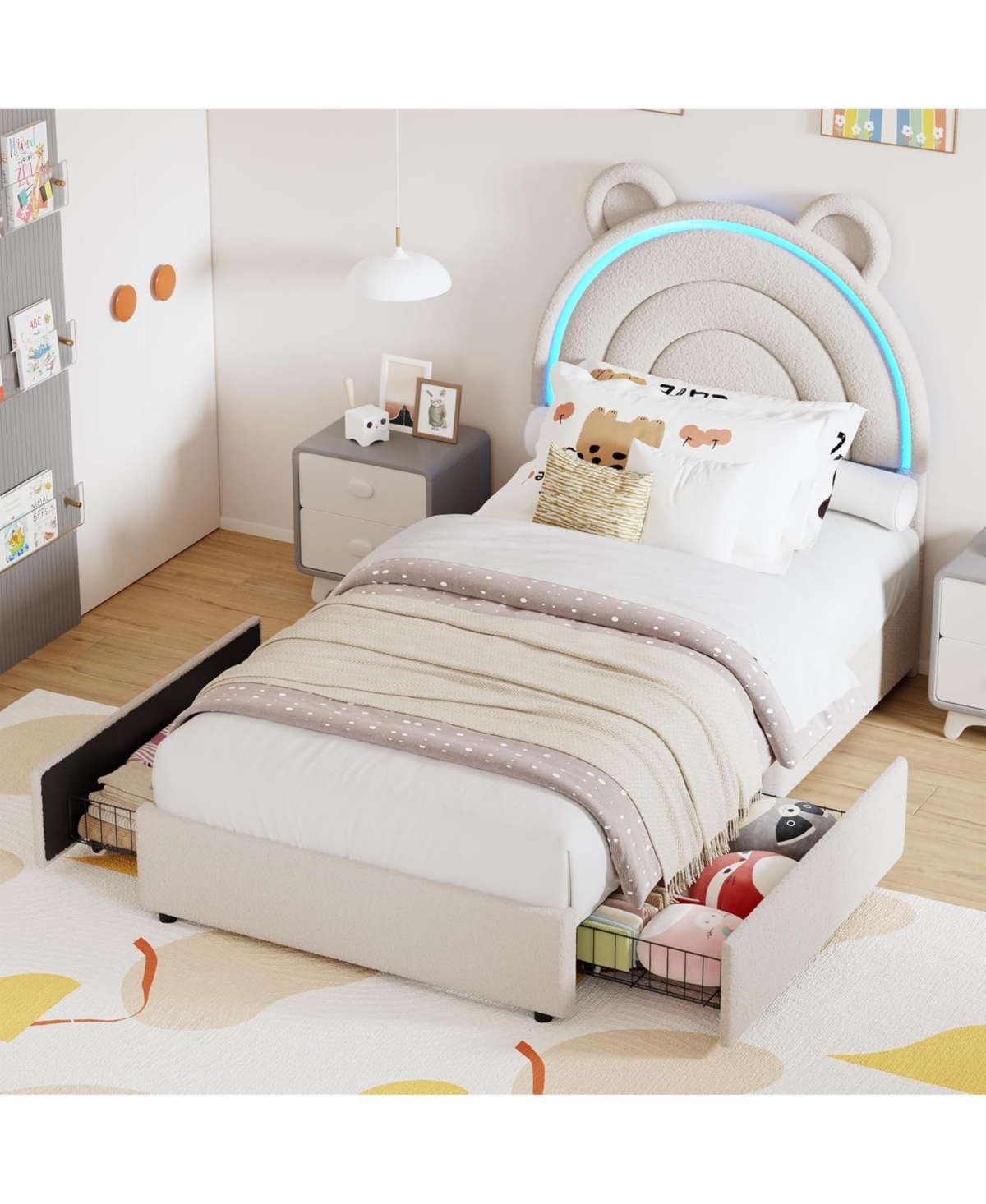 gaomon Twin Bed Frame with 4 Drawers & Led Lights, Velvet Upholstered Rainbow Headboard