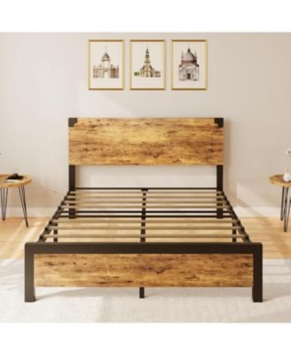 Gamon Rustic Brown Queen Size Platform Bed Frame with Wooden Headboard –  Under-Bed Storage, No Box Spring Required, Easy Assembly