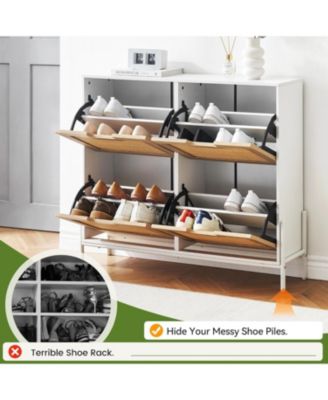 Rattan Shoe Storage Cabinet with 4 Flip Drawers, Freestanding Shoe Organizer Adjustable Shelves for Entryway, Narrow Farmhouse Slim Shoe Rack