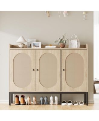Freestanding shoe cabinet with 3 rattan doors, adjustable shelves, and 7-tier closed storage for entryway or hallway.