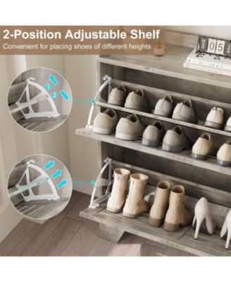 Narrow freestanding shoe cabinet with 2 flip drawers, hidden slim storage, and hooks, ideal for entryway or foyer.