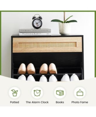 slim entryway shoe cabinet with 2 flip drawers, wooden organizer with linen front panels, and a space-saving closed shoe rack.