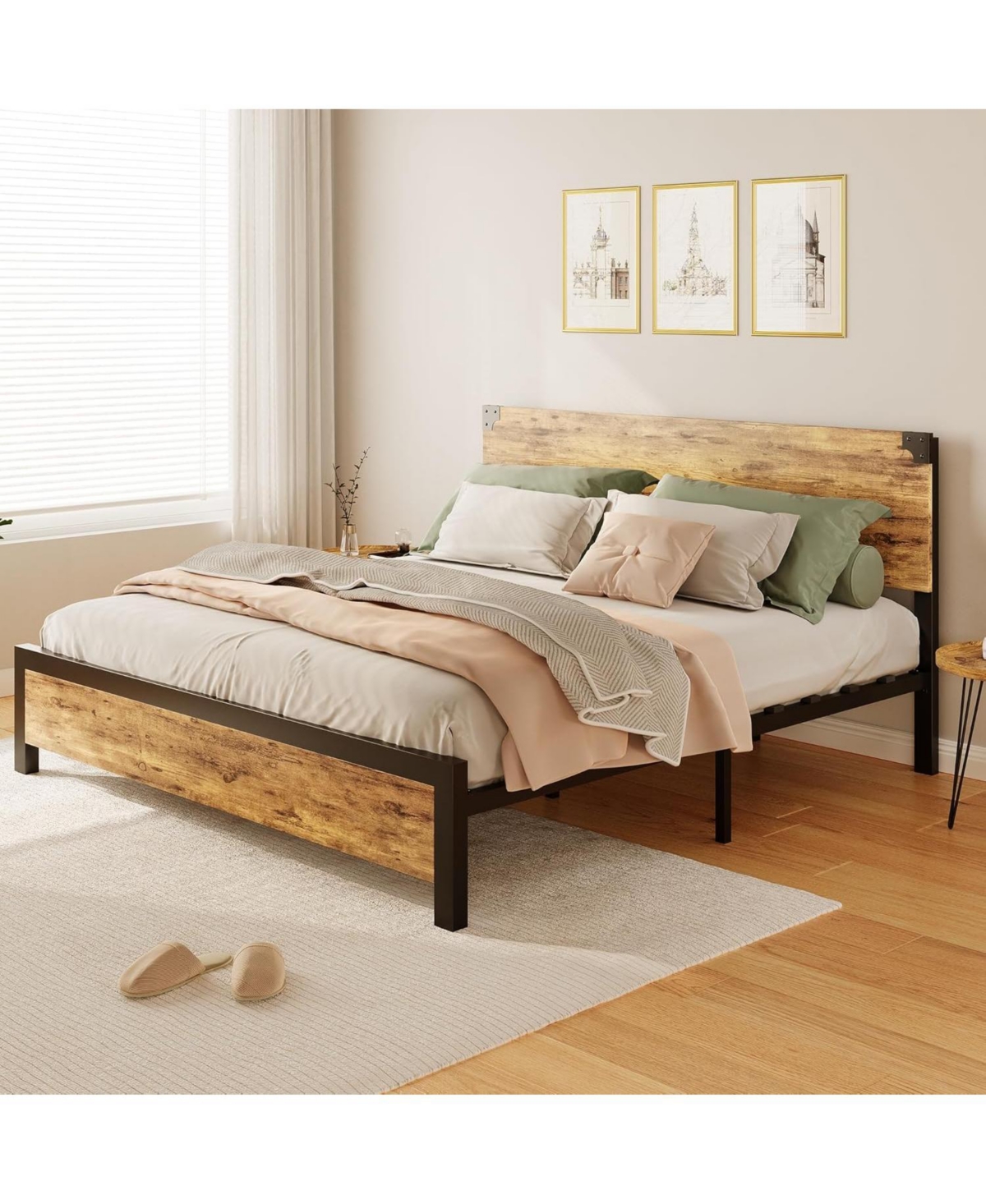 Gamon Rustic Brown King Platform Bed Frame with Wooden Headboard & Under Bed Storage