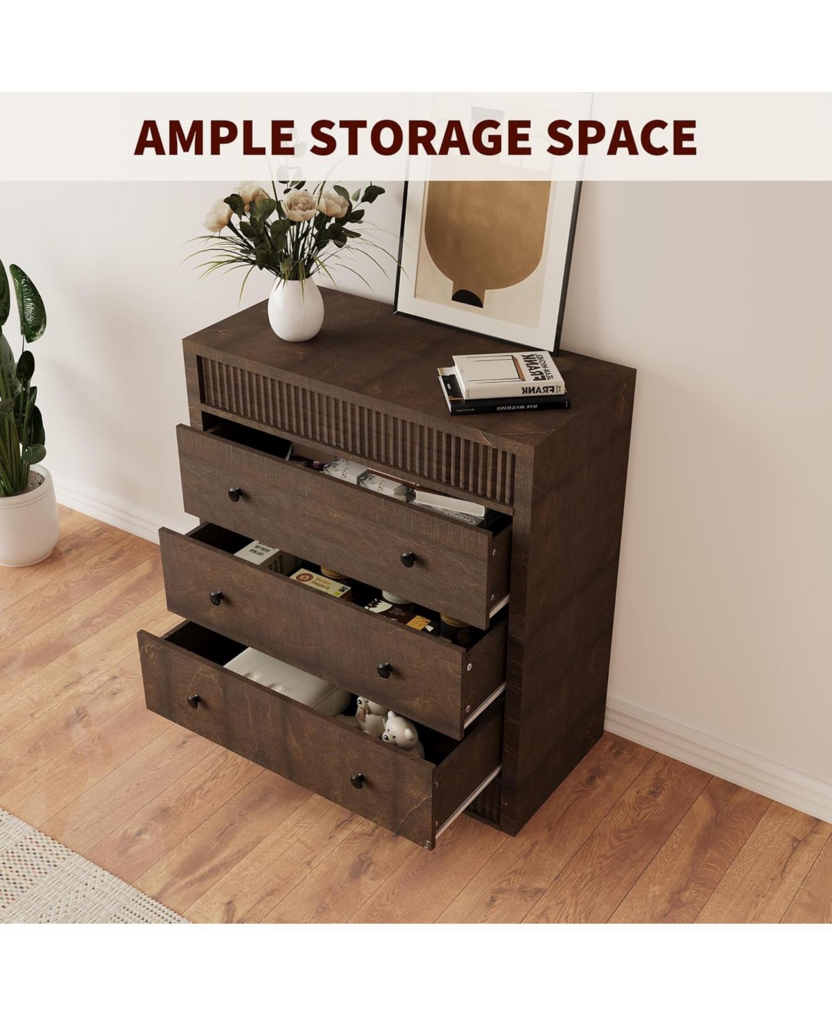gaomon 3 Drawer Dresser for Bedroom, 31.5" Wide Fluted Chest of Drawers, Modern Wooden Nightstand Storage Cabinet Kids Room, Living Room