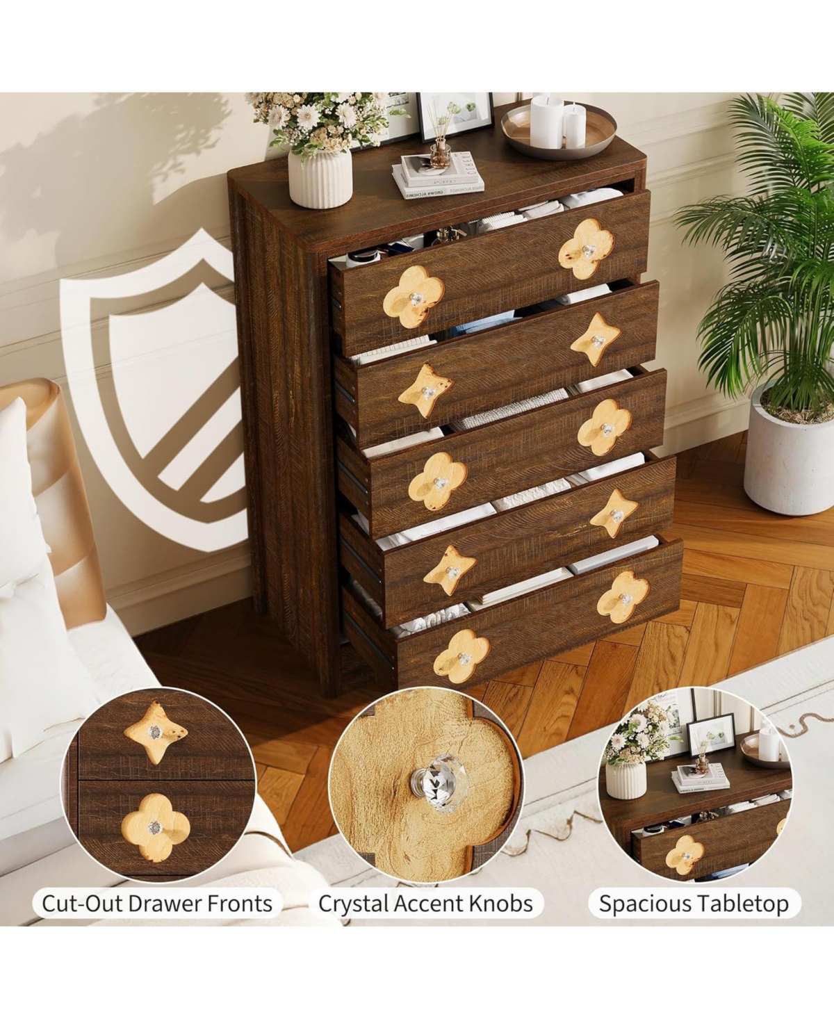 gaomon 5 Drawer Tall Boho Dresser, 45" Wooden Chest with Clothes Storage Cabinet, Brown