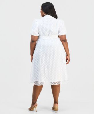 Plus Size Clip Dot Puff-Sleeve Midi Shirtdress