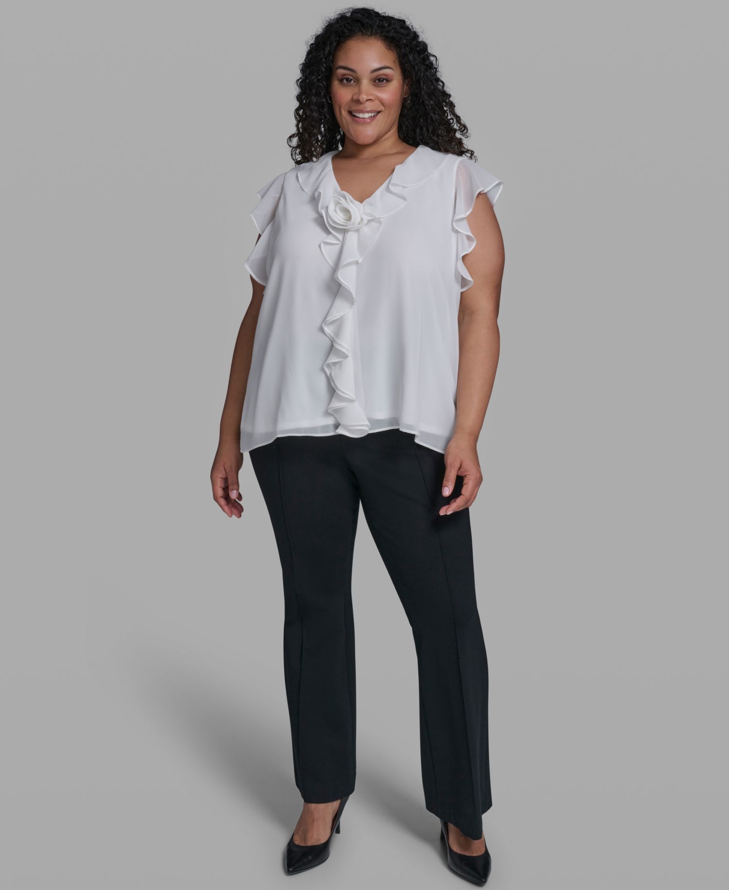 Plus Size Rosette V-Neck Ruffle Blouse Top