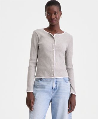Women's Contrast-Trim Ribbed Cardigan Top