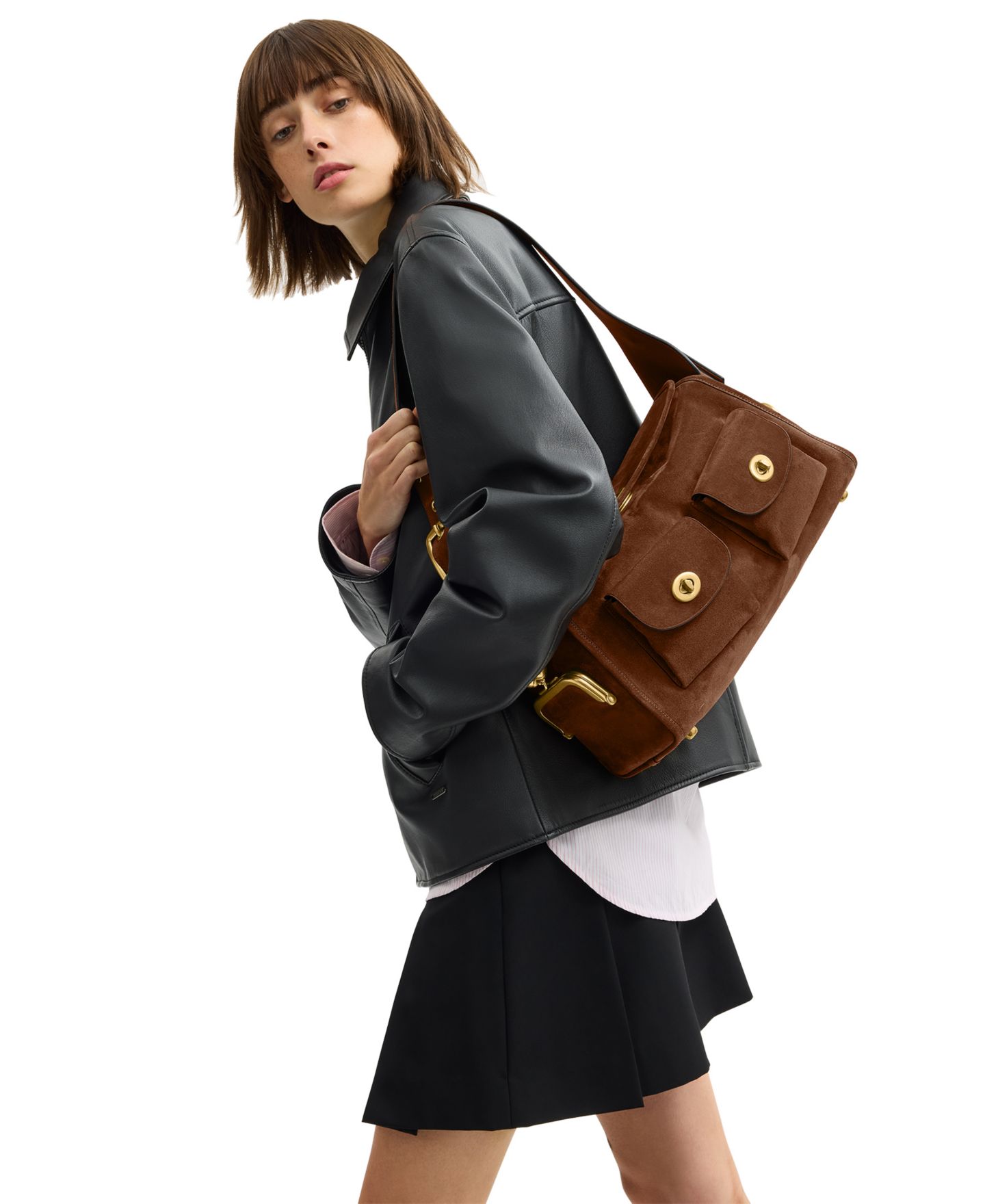Женская сумка COACH Haversack Large Suede Turnlock Shoulder, цвет: Латунный / Коричневый — фото 9