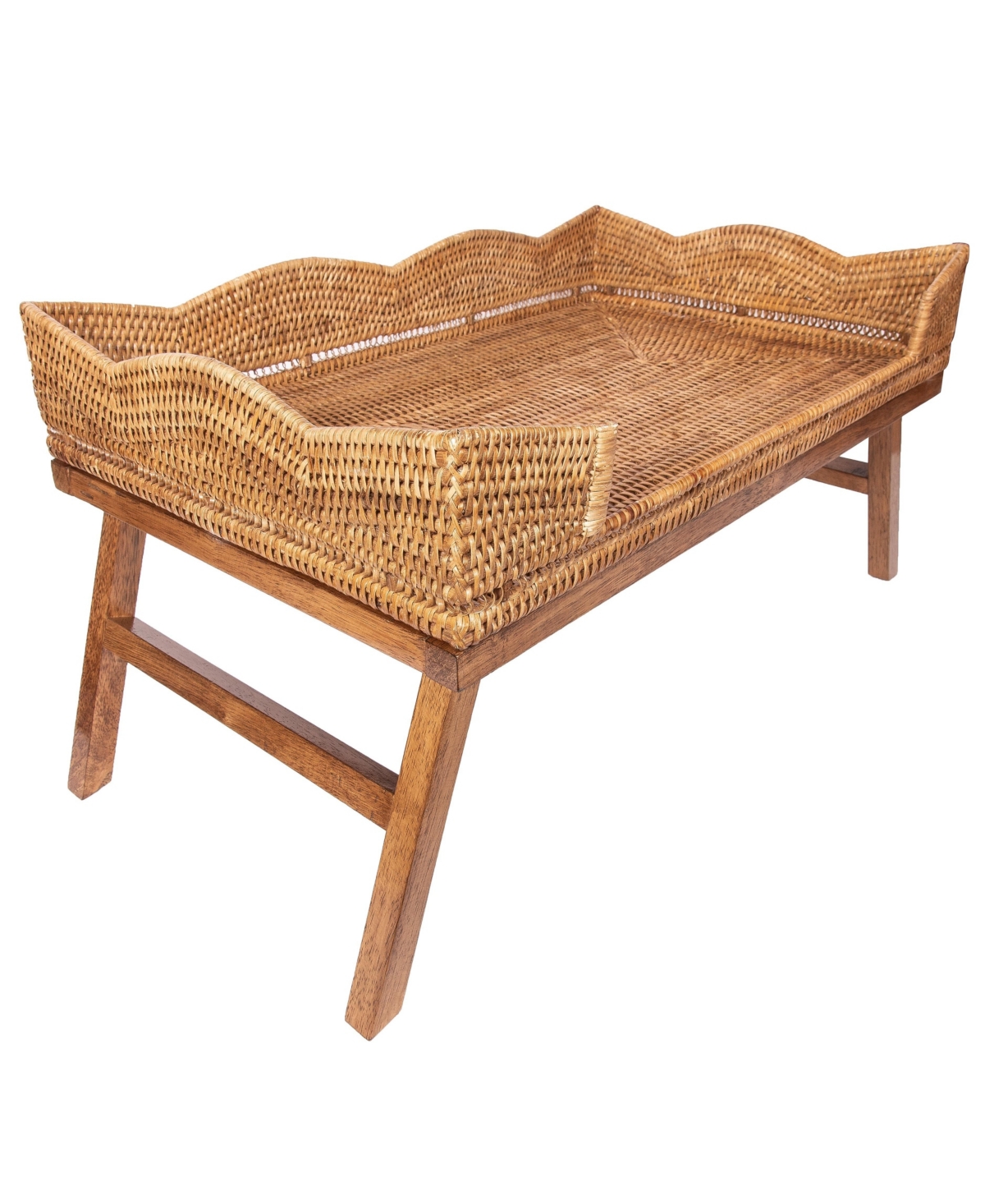 Artifacts Rattan Scallop Design Breakfast Tray with Wooden Legs