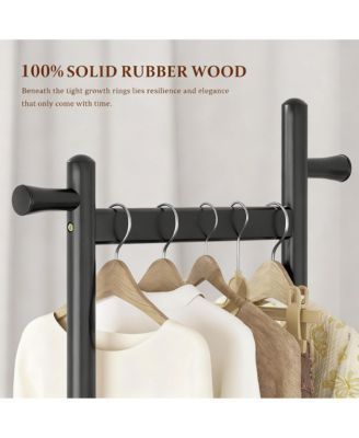 Solid Wood Freestanding Coat Rack with Wheels, 2 Shelves, 5 Hooks for Entryway,Silent Wheels for Easy Mobility