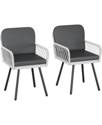 Patio Dining Chairs Set of 2 with Black Metal Frame & White Hand-Woven Rattan, Porch Armchairs with Cushion for Indoor, Garden, Balcony, Deck