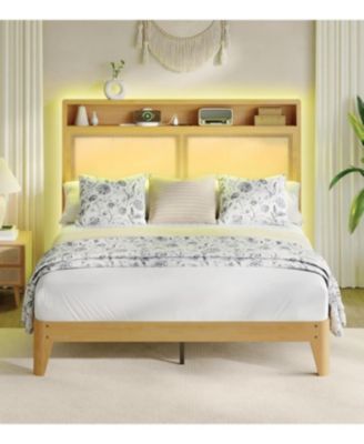 Rattan Bed Frame with LED Lights, Boho Wood Bed Frame with Storage Headboard & Charging Station, Silent Slats, No Box Spring