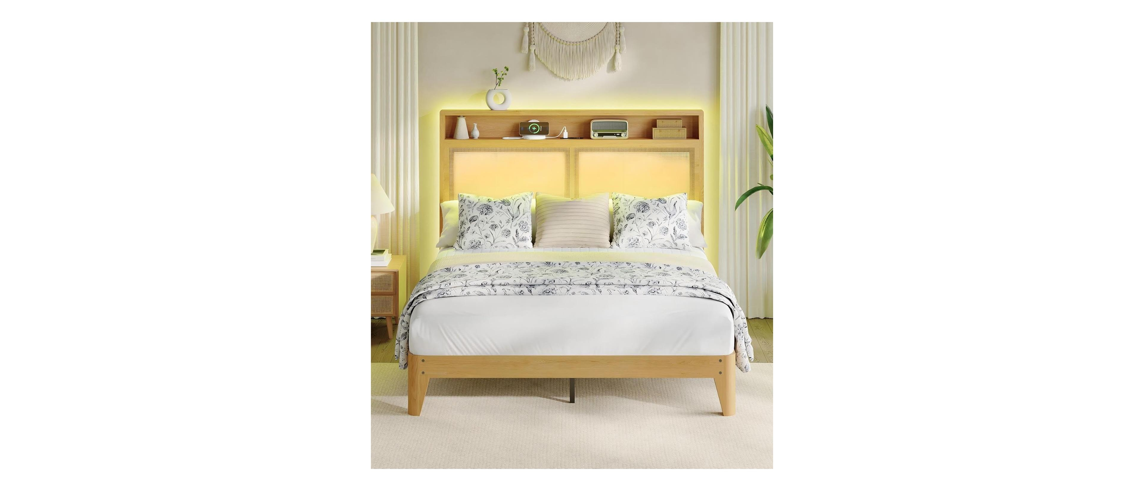 gaomon Rattan Bed Frame with Led Lights, Boho Wood Bed Frame with Storage Headboard & Charging Station, Silent Slats